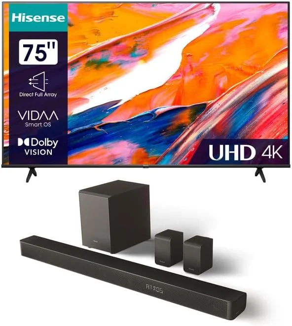 تلویزیون هوشمند 75 اینچی هایسنس 4K UHD مدل E6K مشکی با Dolby Vision، حالت بازی پلاس، تنظیم پیکسل + ساندبار 5.1 کاناله 340 واتی هایسنس AX5100G Dolby Atmos با ساب ووفر بی سیم و بلندگوهای عقب