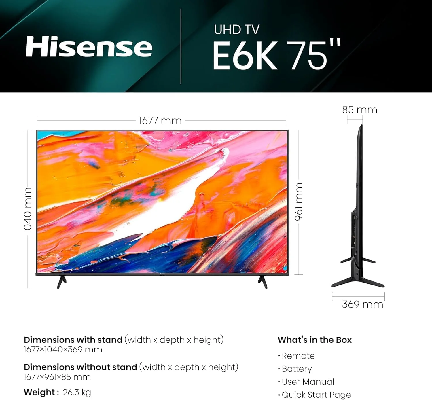 تلویزیون هوشمند 75 اینچی هایسنس 4K UHD مدل E6K مشکی با Dolby Vision، حالت بازی پلاس، تنظیم پیکسل + ساندبار 5.1 کاناله 340 واتی هایسنس AX5100G Dolby Atmos با ساب ووفر بی سیم و بلندگوهای عقب