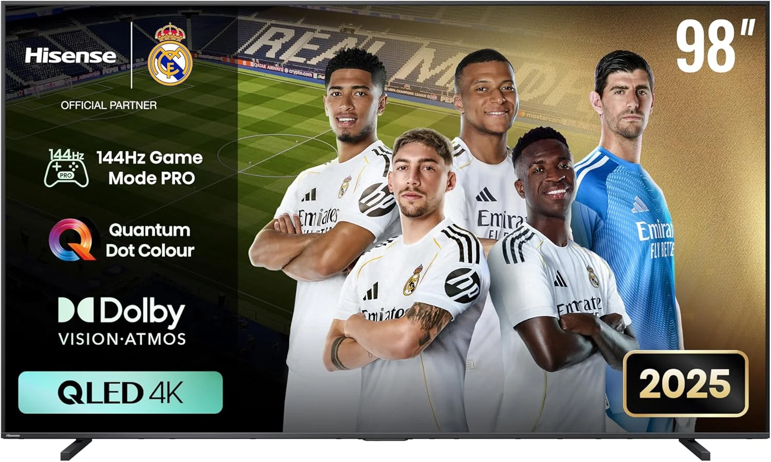تلویزیون هوشمند 98 اینچ هایسنس QLED 144 هرتز مدل E7Q-Quantum Dot Colour، تصویر هوش مصنوعی، Dolby Vision، Dolby Atmos، اشتراک گذاری به تلویزیون، کنترل صوتی، حالت فیلمساز، یوتیوب، نتفلیکس، دیزنی پلاس 98E7Q (نسخه 2025 امارات)