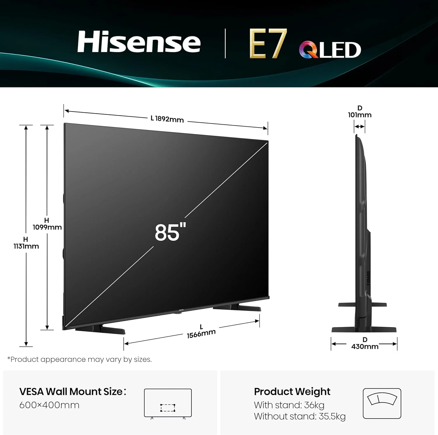 تلویزیون هوشمند 85 اینچ Hisense QLED مدل E7Q-Quantum Dot Colour، تصویر AI، Dolby Vision، Dolby Atmos، اشتراک گذاری در تلویزیون، کنترل صوتی، حالت فیلمساز، یوتیوب، نتفلیکس، دیزنی پلاس 85E7Q (نسخه 2025 امارات)