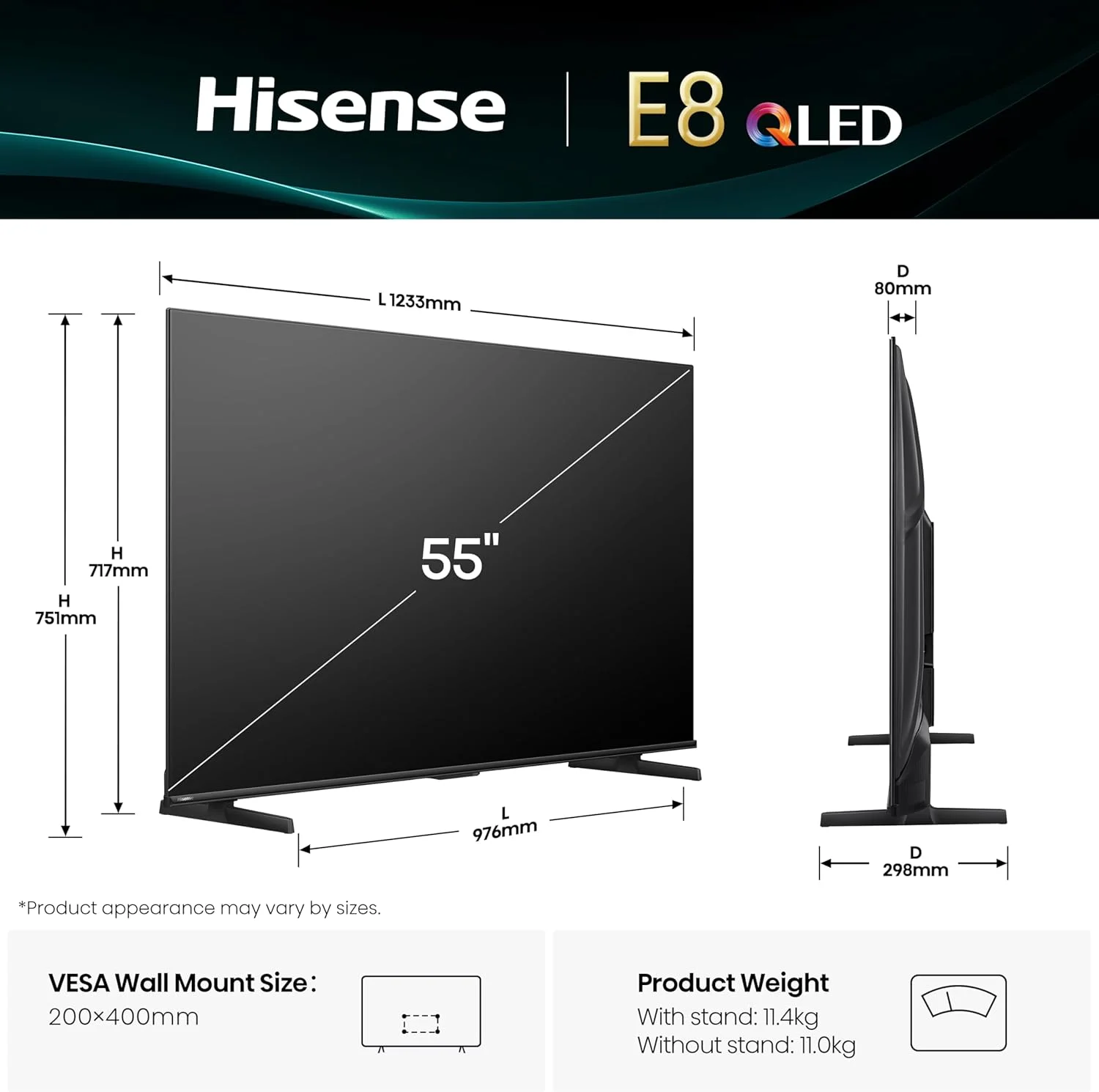 تلویزیون هوشمند 55 اینچ Hisense QLED 144Hz مدل E8Q-Quantum Dot Colour، تصویر AI، Dolby Vision، Dolby Atmos، اشتراک گذاری به تلویزیون، کنترل صوتی، حالت فیلمساز، یوتیوب، نتفلیکس، دیزنی پلاس 55E8Q (نسخه 2025 امارات)