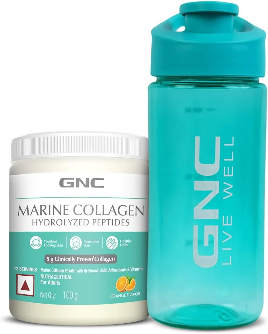 کلاژن دریایی GNC | 100 گرم با قمقمه آبی | کلاژن نوع 1 و نوع 3 | پودر | اسید هیالورونیک | ویتامین C و E | عصاره رزماری | برای پوست درخشان و جوان | پوست، مو و ناخن های سالم، 2 عدد، 12 سروینگ