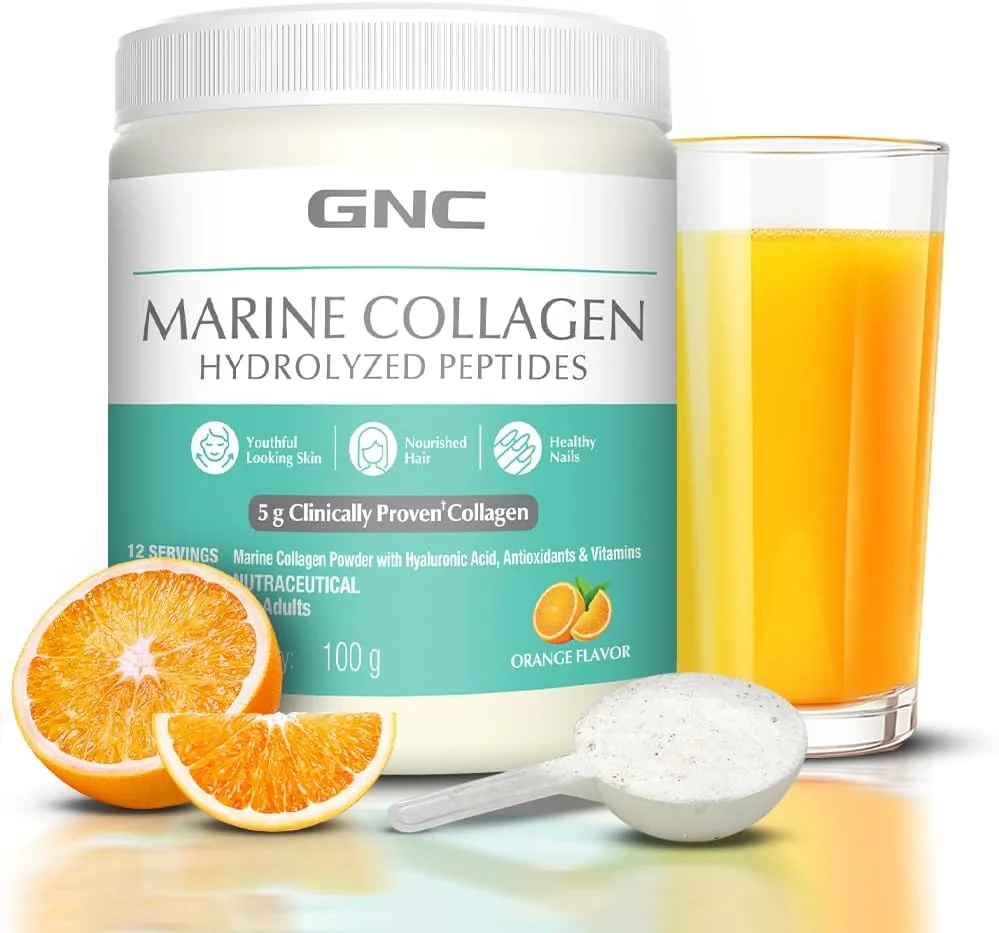کلاژن دریایی GNC | 100 گرم با قمقمه آبی | کلاژن نوع 1 و نوع 3 | پودر | اسید هیالورونیک | ویتامین C و E | عصاره رزماری | برای پوست درخشان و جوان | پوست، مو و ناخن های سالم، 2 عدد، 12 سروینگ