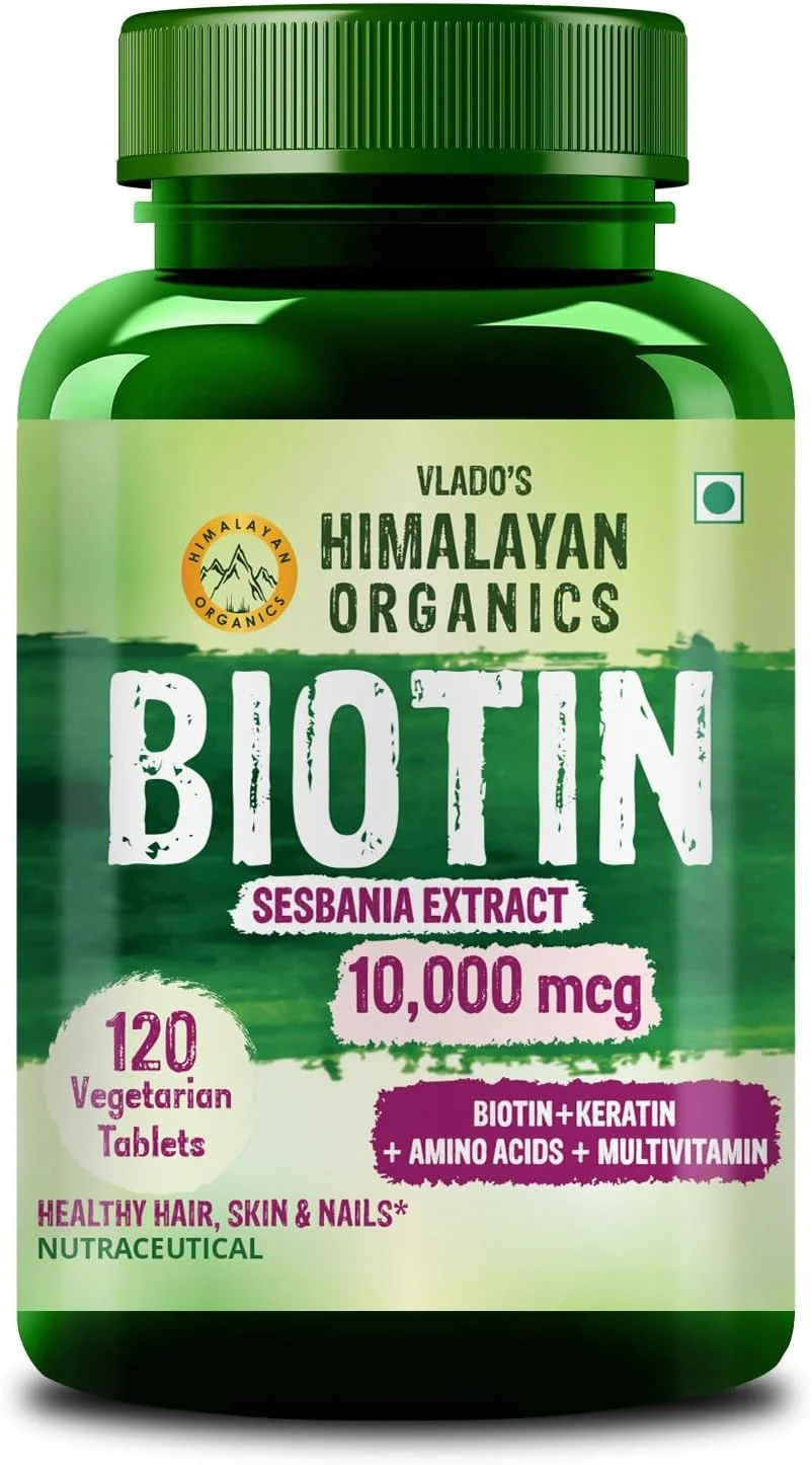 مکمل بیوتین 10000 میکروگرم هیمالین ارگانیکس برای آقایان و بانوان با کراتین + آمینو اسیدها + مولتی ویتامین برای سلامت مو، پوست و ناخن - 120 قرص گیاهی