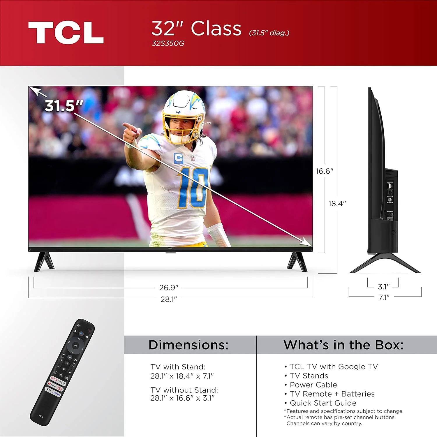 تلویزیون هوشمند ال ای دی 32 اینچ TCL مدل S3 با کیفیت 1080p و Google TV (مدل 32S350G، 2023)، دارای Google Assistant داخلی با ریموت کنترل صوتی، سازگار با Alexa، تلویزیون FHD استریمینگ، مشکی