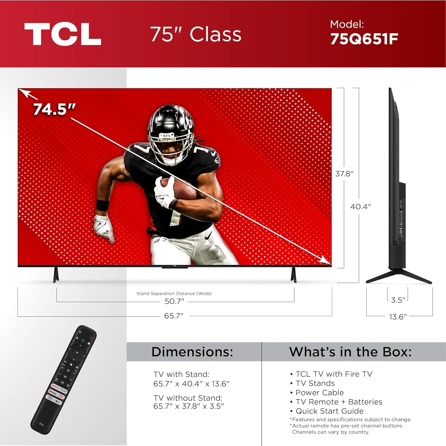 تلویزیون هوشمند 75 اینچی TCL مدل Q65 با فناوری QLED 4K و Fire TV (مدل 75Q651F، 2024)، Dolby Vision، HDR PRO+، Dolby Atmos، Alexa داخلی با ریموت صوتی، سازگاری با Apple AirPlay 2، تلویزیون استریمینگ تلویزیون هوشمند 75 اینچی TCL مدل Q65 با فناوری QLED 4K و Fire TV (مدل 75Q651F، 2024)، Dolby Vision، HDR PRO+، Dolby Atmos، Alexa داخلی با ریموت صوتی، سازگاری با Apple AirPlay 2، تلویزیون استریمینگ