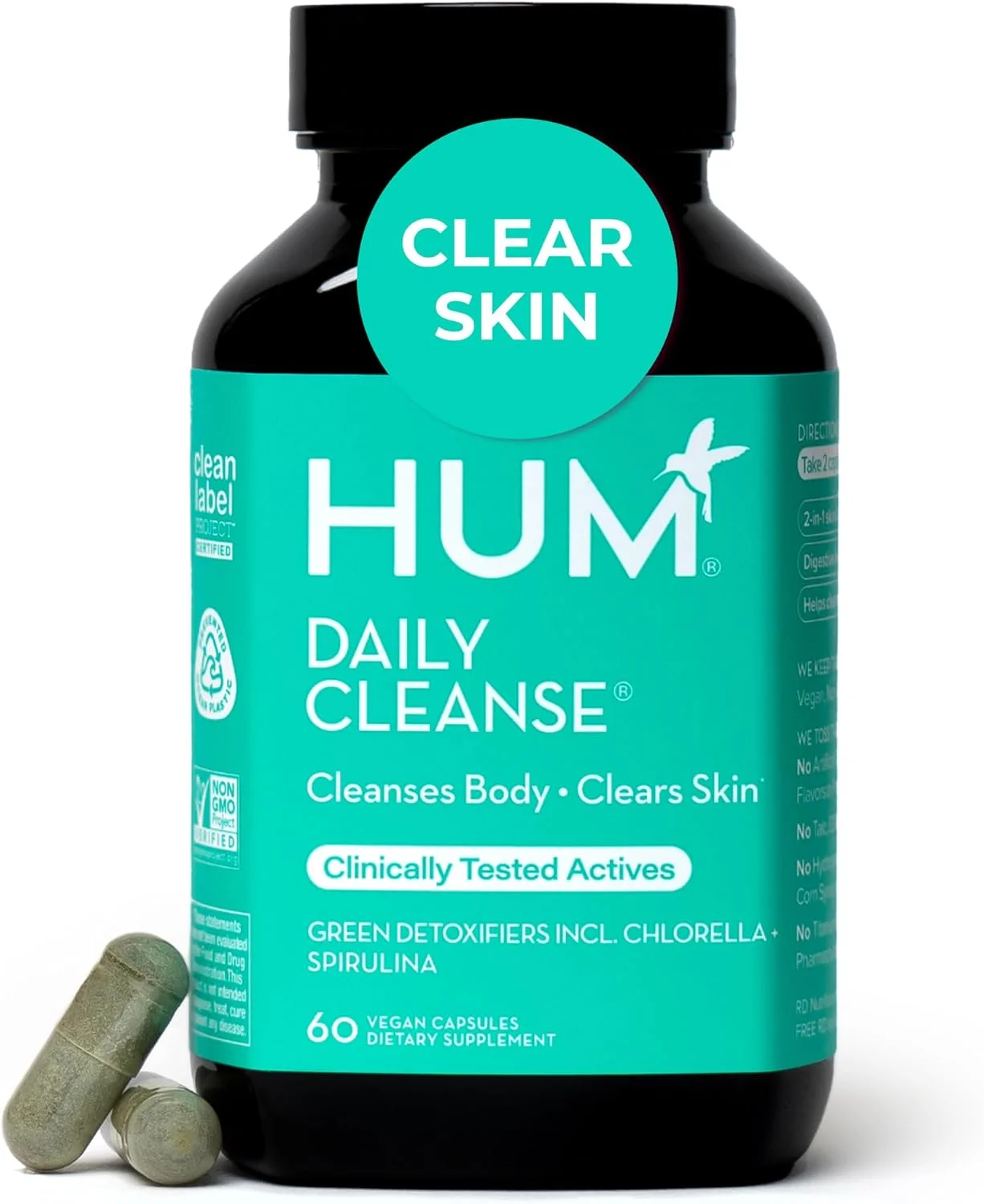 مکمل های پاک کننده روزانه HUM برای پوست شفاف و بهبود هضم با جلبک های ارگانیک، گیاهان سم زدا، ویتامین ها و مواد معدنی - مکمل پوست برای زنان و مردان (60 کپسول گیاهی)