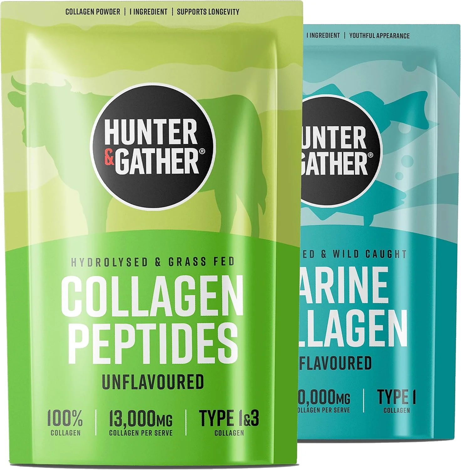 بسته پپتیدهای کلاژن Hunter & Gather | پودر کلاژن گاوی تغذیه شده با علف 400 گرم و پودر کلاژن دریایی صید وحشی 300 گرم | برای مو، پوست، ناخن و عضلات (کیسه 100% قابل بازیافت و قابل بسته شدن مجدد) بسته پپتیدهای کلاژن Hunter & Gather | پودر کلاژن گاوی تغذیه شده با علف 400 گرم و پودر کلاژن دریایی صید وحشی 300 گرم | برای مو، پوست، ناخن و عضلات (کیسه 100% قابل بازیافت و قابل بسته شدن مجدد)