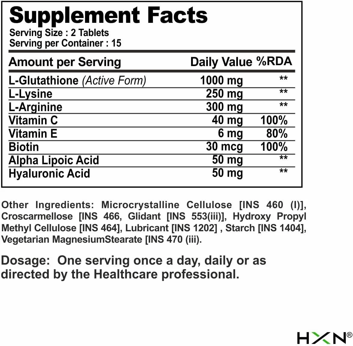 قرص گلوتاتیون HXN 1000 میلی گرم با ال-گلوتاتیون، ویتامین C، E، هیالورونیک، بیوتین، مکمل کلاژن ساز برای حمایت از درخشش سالم و جوان و روشن کننده پوست برای آقایان - 60 عدد (بسته بدون کپسول 1)