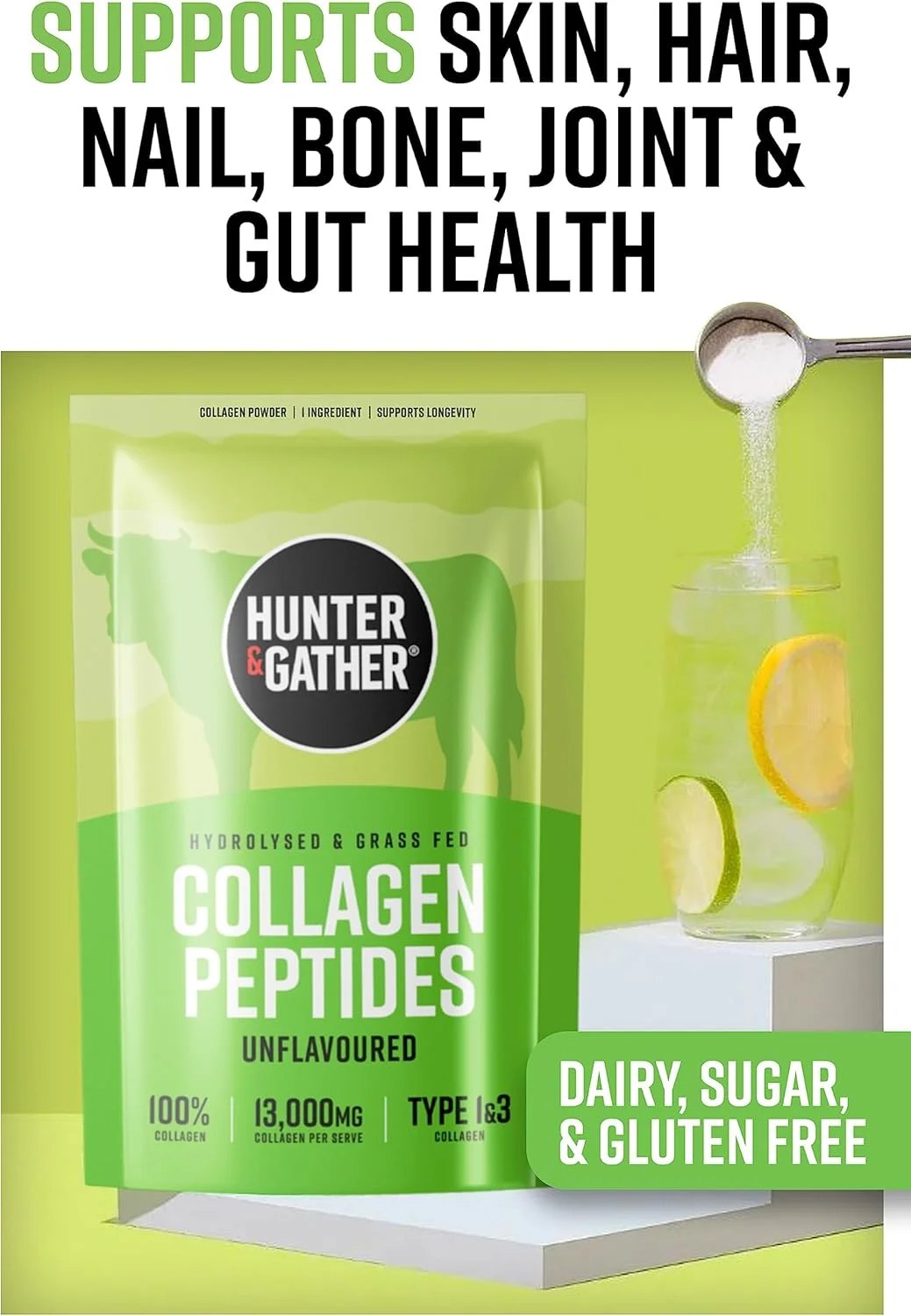 پودر کلاژن گاوی تغذیه شده با علف هانتر اند گدر 400 گرمی | پودر پپتیدهای کلاژن گاوی هیدرولیز شده ممتاز و خالص بدون طعم برای مو، پوست، ناخن و عضلات | مکمل های کلاژن برای زنان و مردان پودر کلاژن گاوی تغذیه شده با علف هانتر اند گدر 400 گرمی | پودر پپتیدهای کلاژن گاوی هیدرولیز شده ممتاز و خالص بدون طعم برای مو، پوست، ناخن و عضلات | مکمل های کلاژن برای زنان و مردان