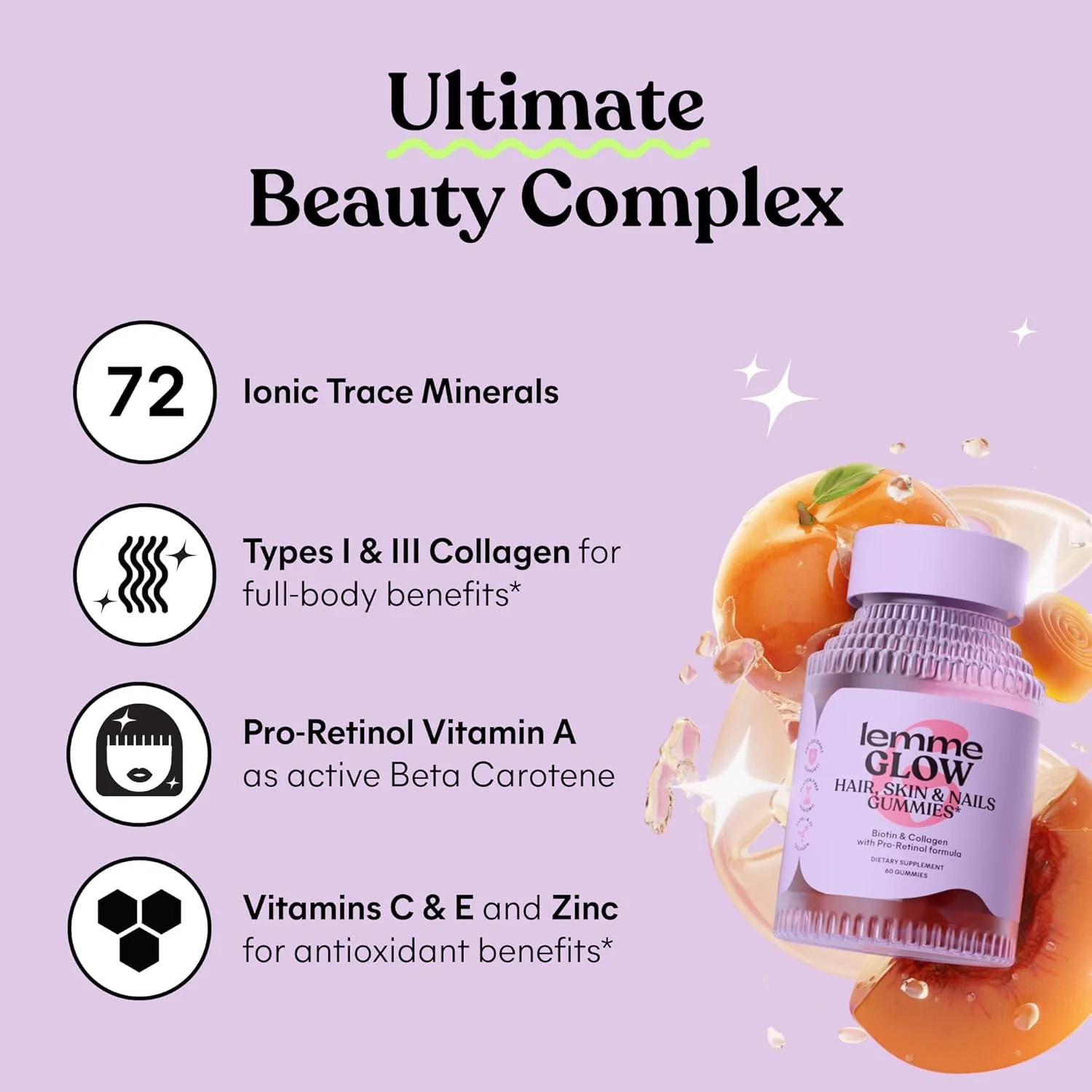 پاستیل مو کلاژن لم برای موهای قوی و ضخیم و کاهش ریزش مو با پپتیدهای کلاژن، بیوتین، مواد معدنی کمیاب، روی، ویتامین های A، C و E، بدون لبنیات و گلوتن، طعم هلو، 60 عدد