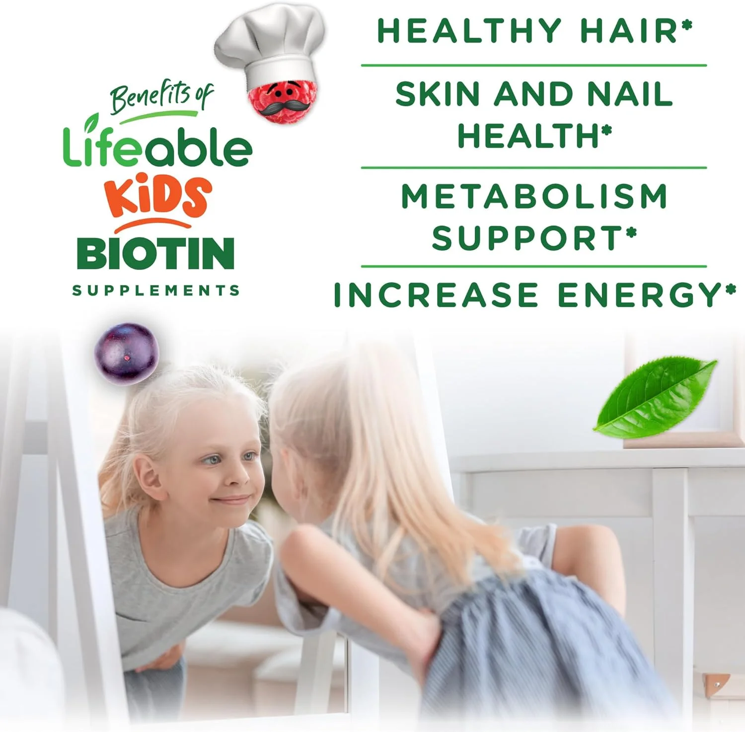 پاستیل بیوتین لایف ایبل برای کودکان - 5000 میکروگرم - مکمل ویتامین با طعم طبیعی عالی - گیاهی و بدون GMO - جویدنی - برای رشد مو و ناخن های زیبا و درخشان - برای کودکان - 90 پاستیل