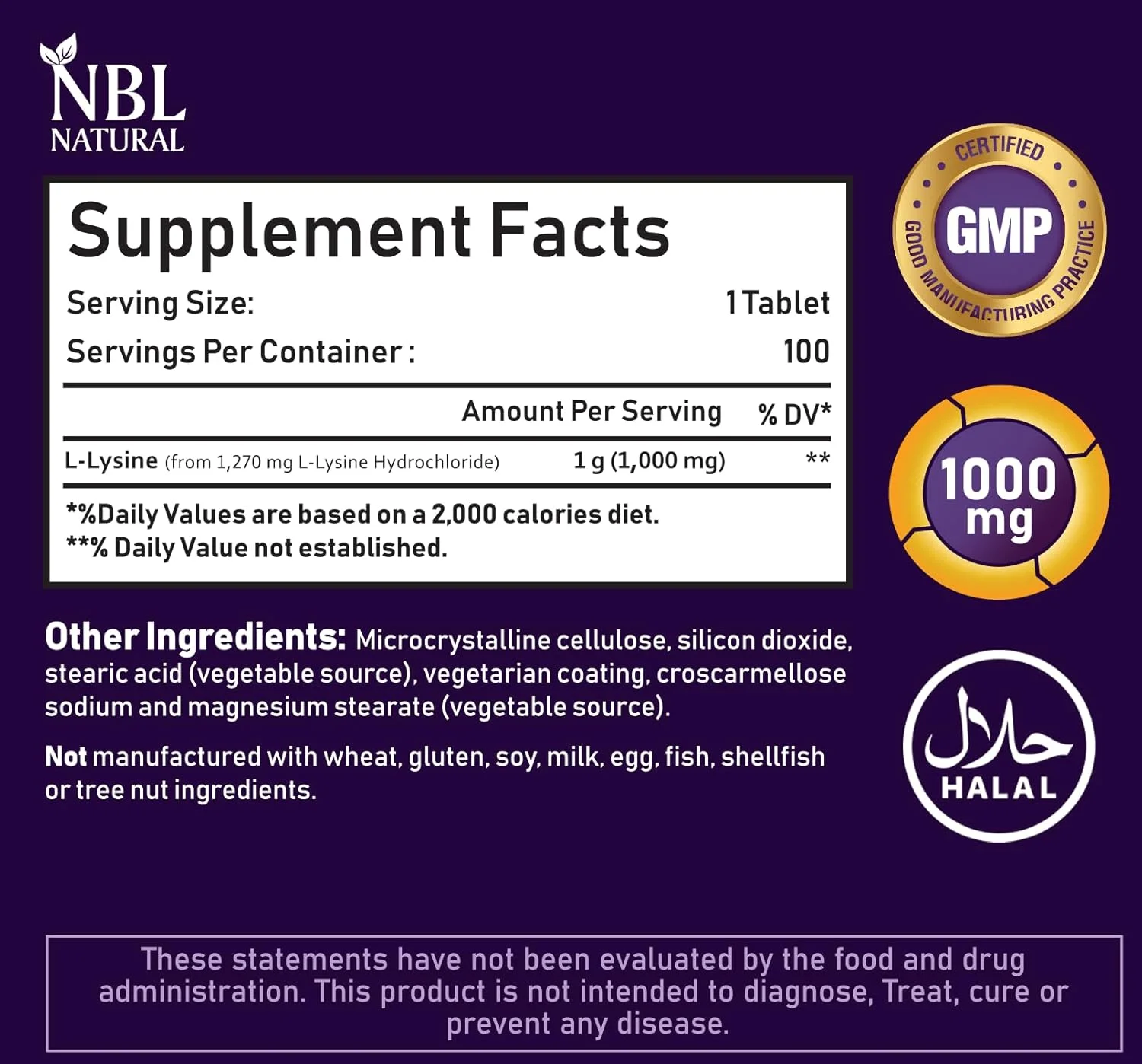 مکمل ال-لیزین طبیعی NBL، 1000 میلی گرم اسید آمینه ضروری، 100 قرص مکمل ال-لیزین طبیعی NBL، 1000 میلی گرم اسید آمینه ضروری، 100 قرص