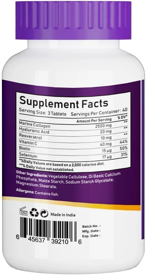 قرص کلاژن دریایی هیدرولیز شده طبیعی NBL با 2500 میلی گرم اسید هیالورونیک، رزوراترول، بیوتین، سلنیوم و ویتامین C، 120 عدد قرص کلاژن دریایی هیدرولیز شده طبیعی NBL با 2500 میلی گرم اسید هیالورونیک، رزوراترول، بیوتین، سلنیوم و ویتامین C، 120 عدد