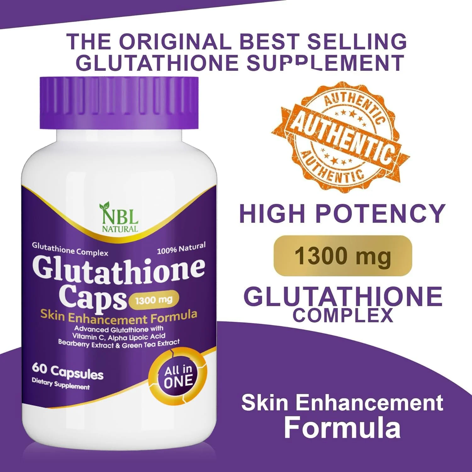 مکمل گلوتاتیون پیشرفته NBL NATURAL با ویتامین C، آلفا لیپوئیک اسید، عصاره توت خرس و عصاره چای سبز، پشتیبانی از روشن شدن پوست، 60 کپسول