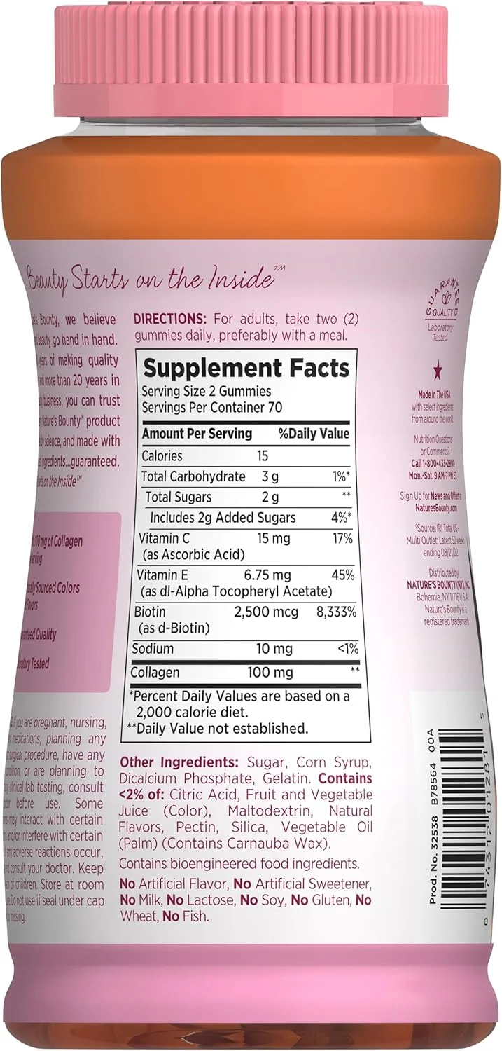 پاستیل های تقویت کننده مو، پوست و ناخن Nature's Bounty با بیوتین و کلاژن، پشتیبانی از سلامت مو، پوست و ناخن، 2500 میکروگرم، با طعم مرکبات، 140 عدد پاستیل های تقویت کننده مو، پوست و ناخن Nature's Bounty با بیوتین و کلاژن، پشتیبانی از سلامت مو، پوست و ناخن، 2500 میکروگرم، با طعم مرکبات، 140 عدد