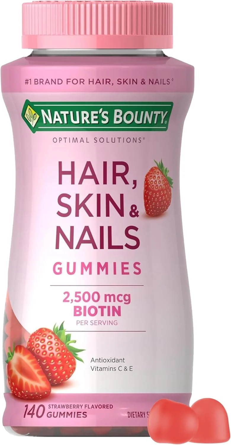 مکمل ویتامین پاستیلی مو، پوست و ناخن Nature's Bounty با بیوتین، طعم توت فرنگی، پشتیبانی از سلامت مو، پوست و ناخن برای بانوان، 2500 میکروگرم، 140 عدد، 70 سروینگ