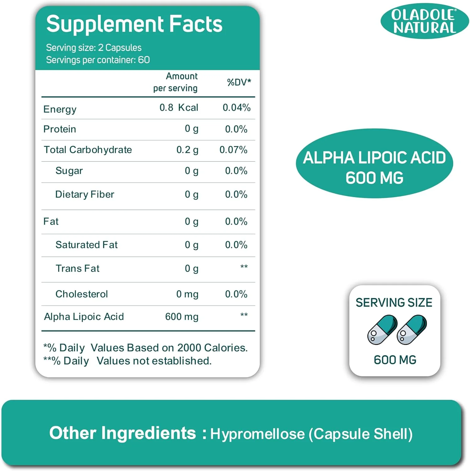 کپسول های آلفا لیپوئیک اسید طبیعی Oladole - 600 میلی گرم (120 کپسول) | آنتی اکسیدان قوی، پشتیبانی از متابولیسم انرژی، بهبود ایمنی، سلامت قلب، ارتقاء سلامت سلولی | غیر GMO، بدون گلوتن