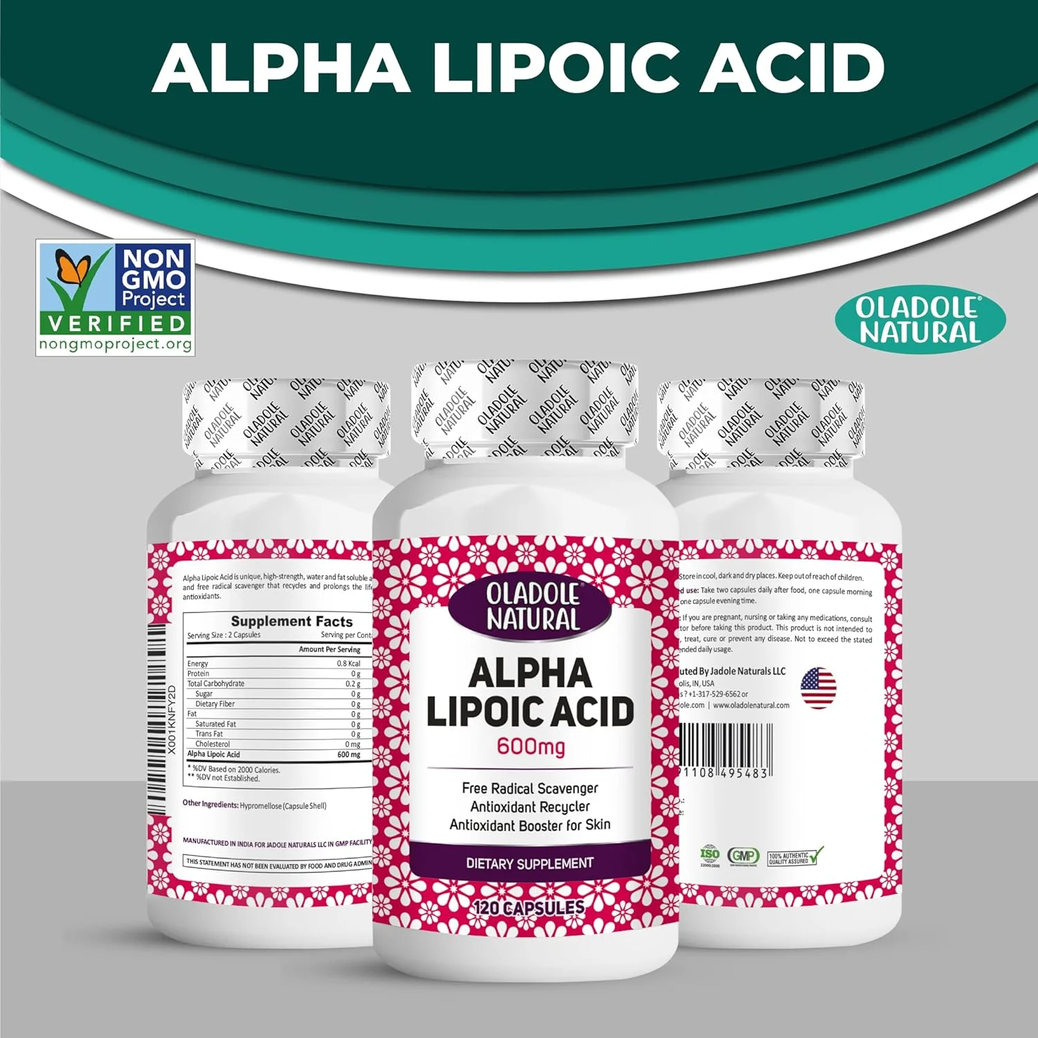 کپسول های آلفا لیپوئیک اسید طبیعی Oladole - 600 میلی گرم (120 کپسول) | آنتی اکسیدان قوی، پشتیبانی از متابولیسم انرژی، بهبود ایمنی، سلامت قلب، ارتقاء سلامت سلولی | غیر GMO، بدون گلوتن