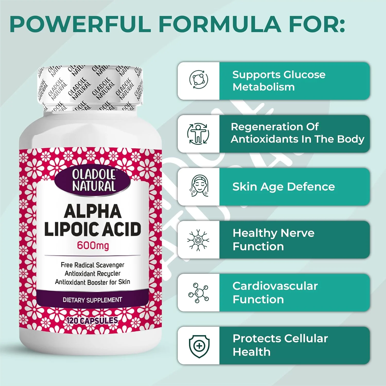 کپسول های آلفا لیپوئیک اسید طبیعی Oladole - 600 میلی گرم (120 کپسول) | آنتی اکسیدان قوی، پشتیبانی از متابولیسم انرژی، بهبود ایمنی، سلامت قلب، ارتقاء سلامت سلولی | غیر GMO، بدون گلوتن