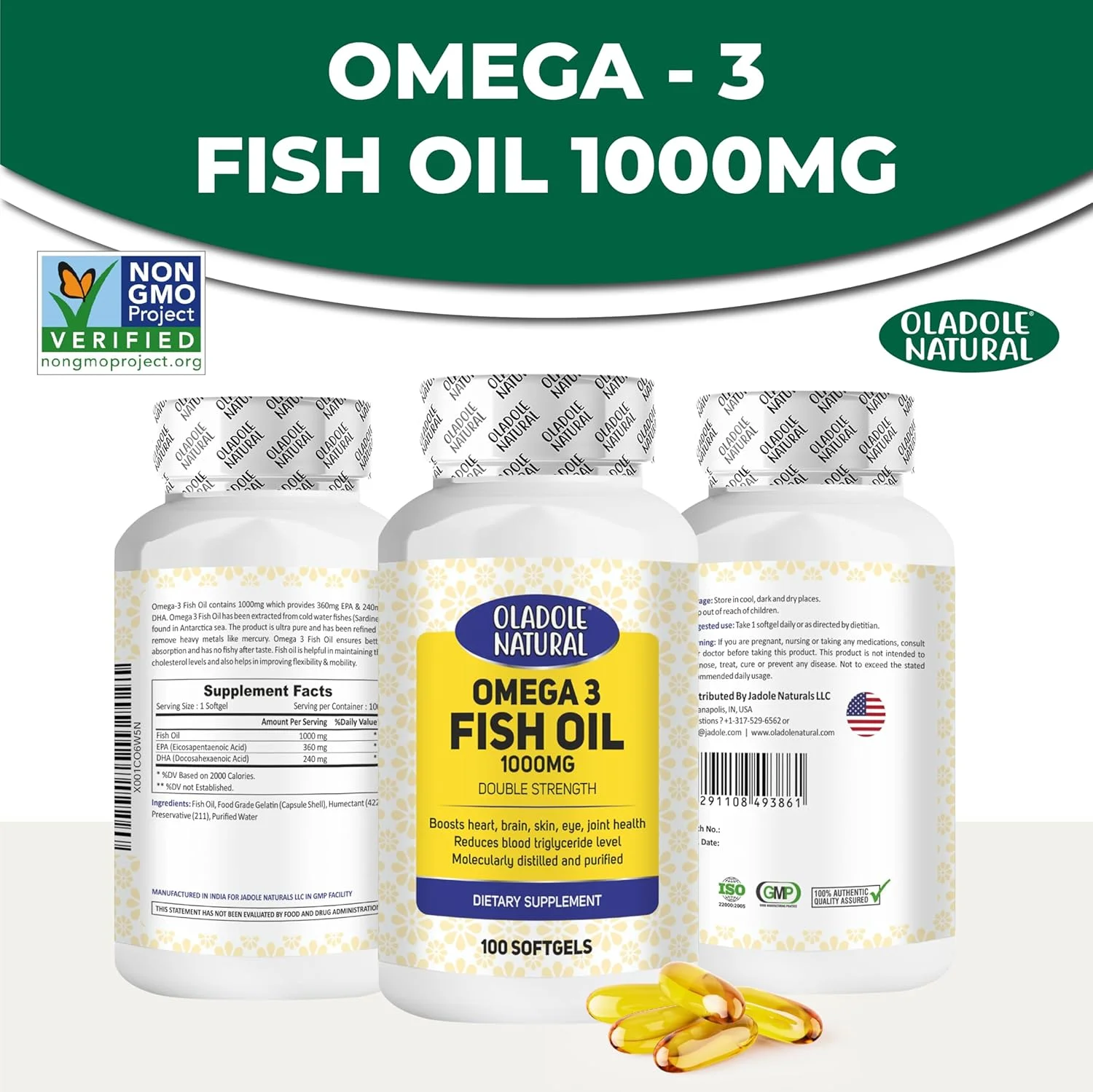 روغن ماهی امگا 3 طبیعی Oladole 1000 میلی گرم (100 سافت ژل) | 360 میلی گرم EPA و 240 میلی گرم DHA برای حمایت ضد التهابی تقطیر شده مولکولی برای سلامت قلب، مغز، پوست، چشم و مفاصل | بدون گلوتن و غیر GMO