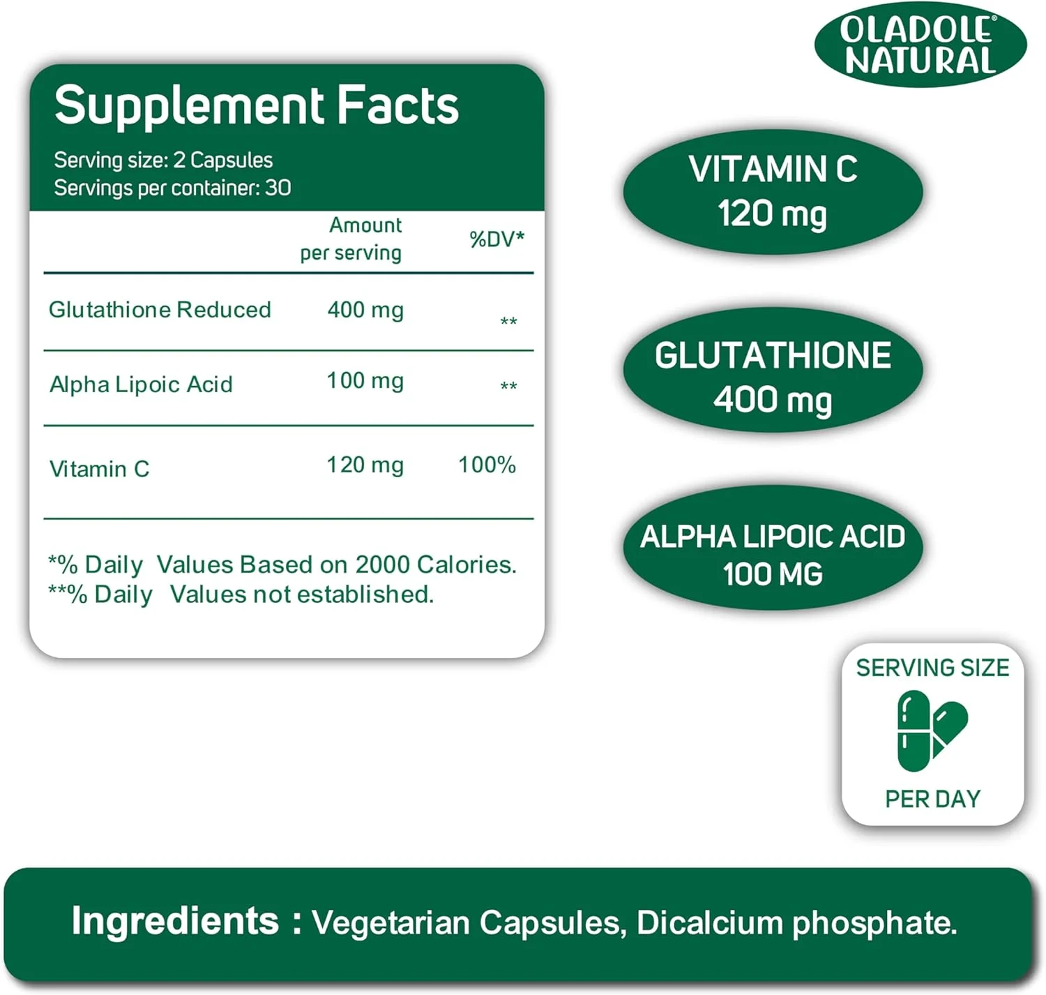 اولادول نچرال گلوتاتیون 60 کپسول | کمپلکس با ویتامین C و آلفا لیپوئیک اسید | فرمول سه گانه برای افزایش کلاژن، روشن شدن پوست، کاهش لکه های تیره و ضد پیری اولادول نچرال گلوتاتیون 60 کپسول | کمپلکس با ویتامین C و آلفا لیپوئیک اسید | فرمول سه گانه برای افزایش کلاژن، روشن شدن پوست، کاهش لکه های تیره و ضد پیری