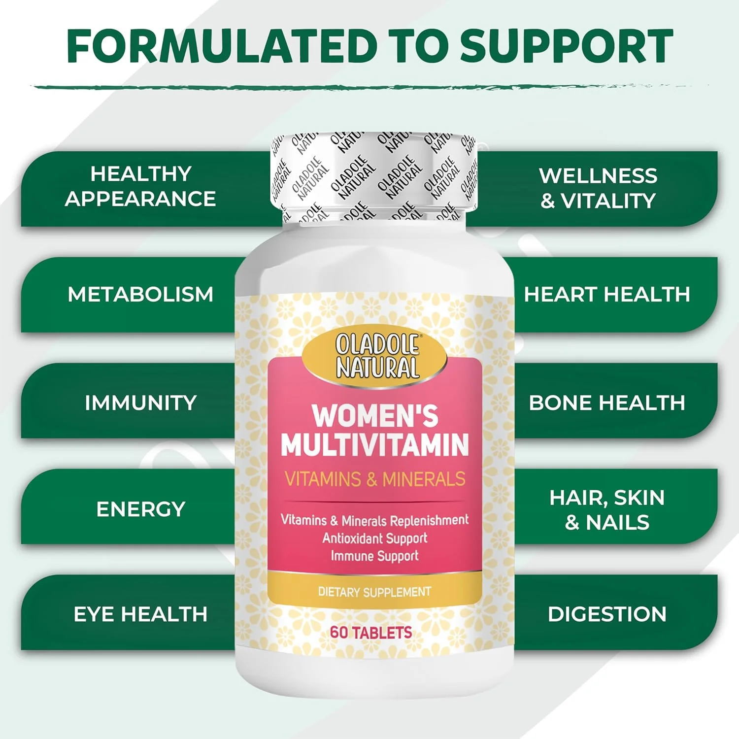 مولتی ویتامین طبیعی زنانه اولادول - 60 قرص | پشتیبانی از سیستم ایمنی، افزایش انرژی، سلامت مو، پوست و ناخن، پشتیبانی از متابولیسم و محافظت آنتی اکسیدانی | مواد مغذی ضروری روزانه | غیر GMO