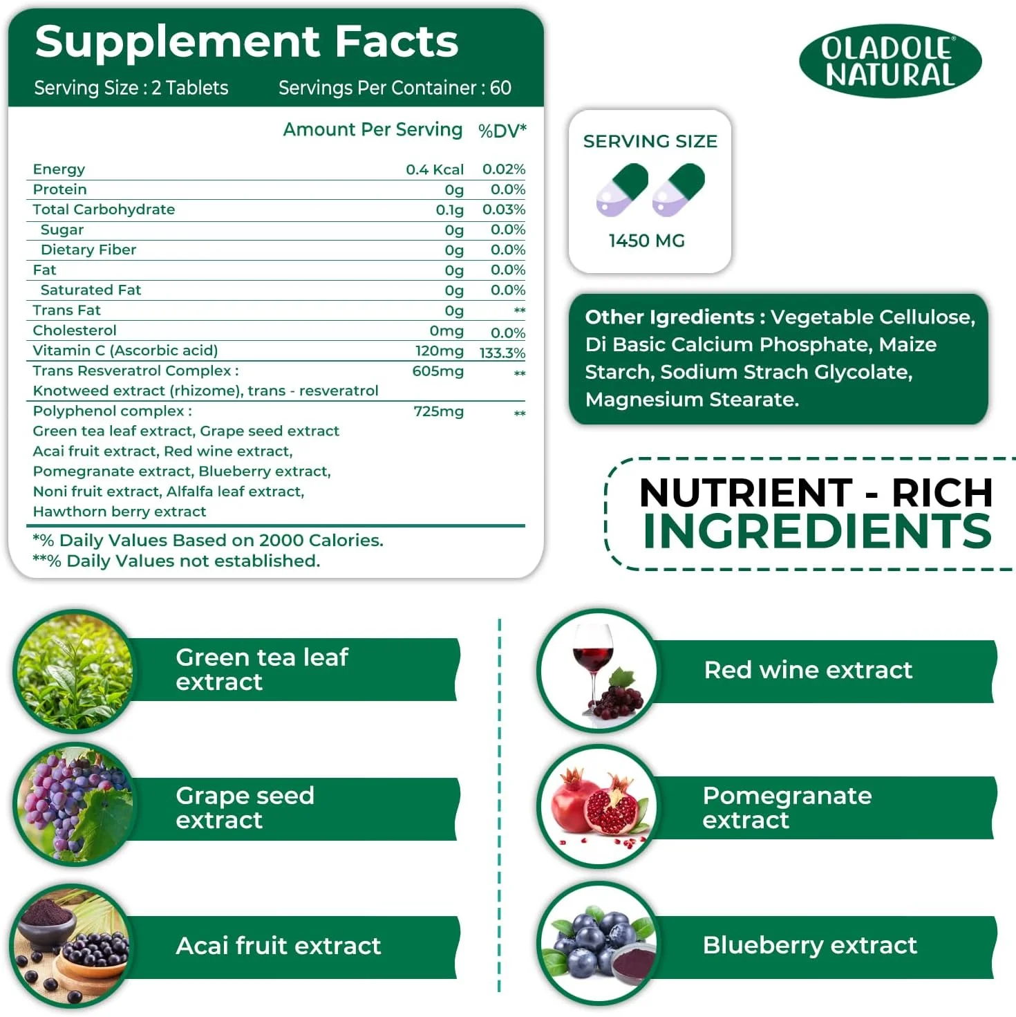 اولادول نچرال رسوراترول - 1450 میلی گرم (60 قرص) | آنتی اکسیدان قوی، پشتیبانی از سلامت قلب، سیستم ایمنی، افزایش انرژی، درخشندگی پوست و شادابی مفاصل | غیر GMO، بدون گلوتن اولادول نچرال رسوراترول - 1450 میلی گرم (60 قرص) | آنتی اکسیدان قوی، پشتیبانی از سلامت قلب، سیستم ایمنی، افزایش انرژی، درخشندگی پوست و شادابی مفاصل | غیر GMO، بدون گلوتن