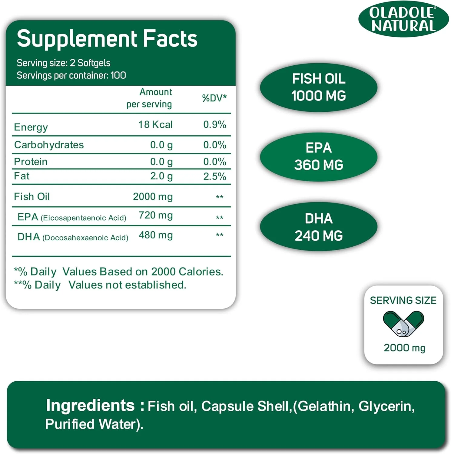 روغن ماهی امگا 3 طبیعی Oladole 2000 میلی گرم (200 سافت ژل) - تقطیر مولکولی | پشتیبانی از سلامت قلب، مغز، پوست، چشم و مفاصل | 360 میلی گرم EPA و 240 میلی گرم DHA برای سلامتی کامل | بدون گلوتن و غیر GMO روغن ماهی امگا 3 طبیعی Oladole 2000 میلی گرم (200 سافت ژل) - تقطیر مولکولی | پشتیبانی از سلامت قلب، مغز، پوست، چشم و مفاصل | 360 میلی گرم EPA و 240 میلی گرم DHA برای سلامتی کامل | بدون گلوتن و غیر GMO