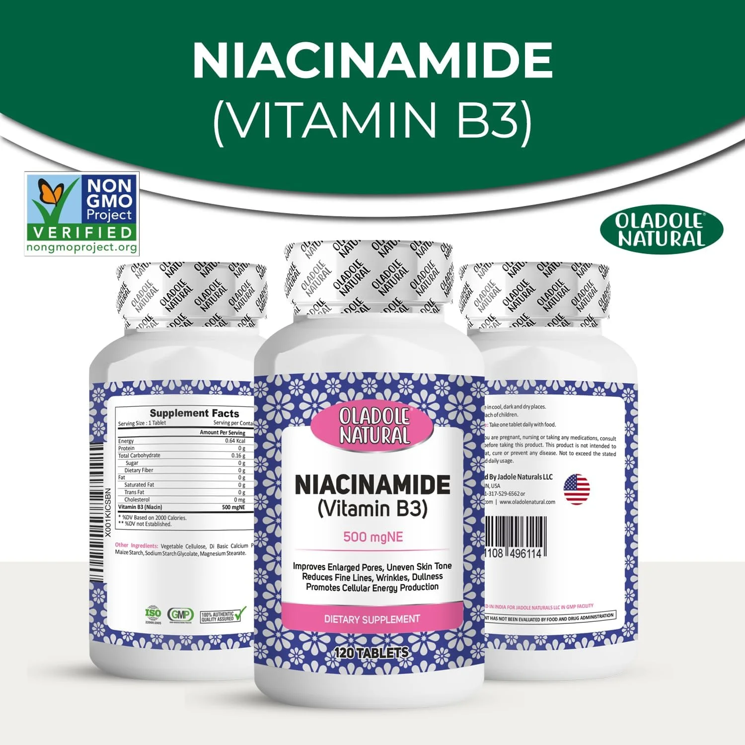 قرص نیاسینامید طبیعی اولادل (ویتامین ب3) 500 میلی گرم (120 عدد) | برای سلامت پوست، افزایش انرژی، پشتیبانی از متابولیسم، ارتقاء سلامت سلولی، آنتی اکسیدان قوی | غیر GMO، بدون گلوتن