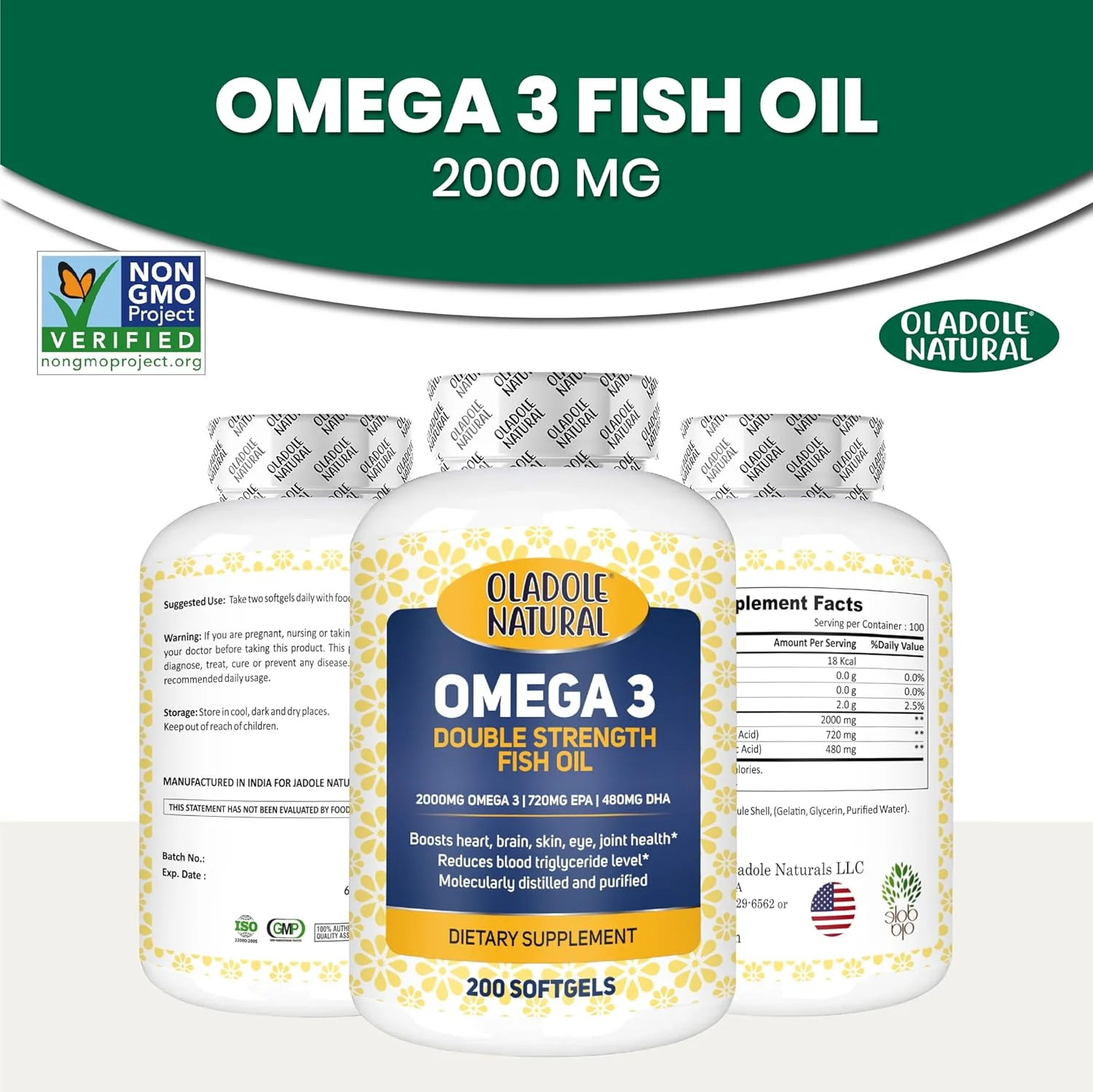 روغن ماهی امگا 3 طبیعی Oladole 2000 میلی گرم (200 سافت ژل) - تقطیر مولکولی | پشتیبانی از سلامت قلب، مغز، پوست، چشم و مفاصل | 360 میلی گرم EPA و 240 میلی گرم DHA برای سلامتی کامل | بدون گلوتن و غیر GMO روغن ماهی امگا 3 طبیعی Oladole 2000 میلی گرم (200 سافت ژل) - تقطیر مولکولی | پشتیبانی از سلامت قلب، مغز، پوست، چشم و مفاصل | 360 میلی گرم EPA و 240 میلی گرم DHA برای سلامتی کامل | بدون گلوتن و غیر GMO