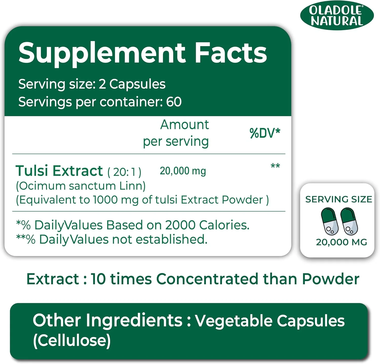 عصاره طبیعی تولسی اولادل - 20000 میلی گرم (120 کپسول) | بهبود سلامت پوست و مو، آنتی اکسیدان، ضد التهاب، درمان سرماخوردگی، سرفه، تقویت ایمنی، سلامت تنفسی | غیر GMO، بدون گلوتن