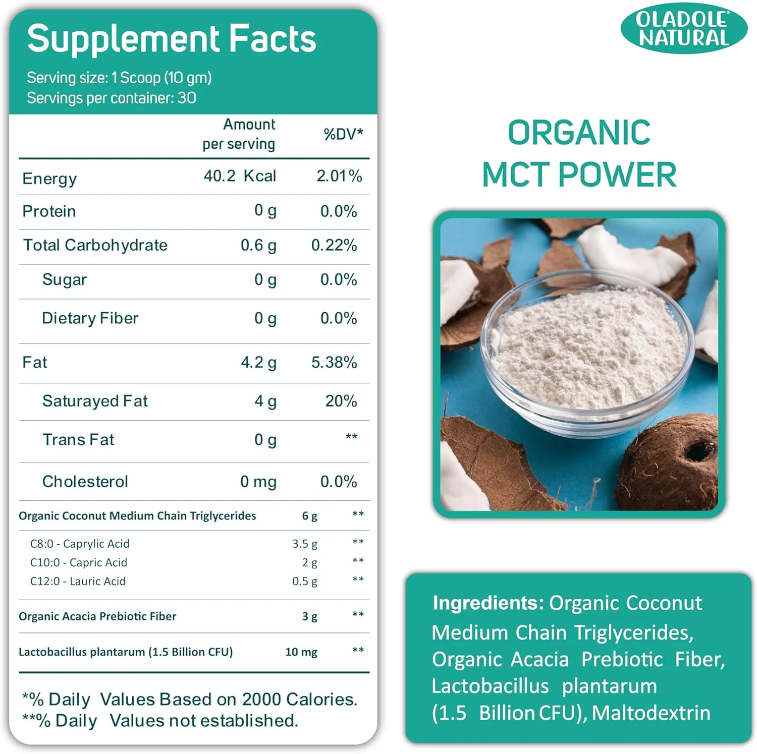 پودر MCT طبیعی و ارگانیک اولادول - 300 گرم | تری گلیسیریدهای زنجیره متوسط نارگیل برای رژیم کتوژنیک | افزایش انرژی، تمرکز ذهنی، سلامت مو و سلول های پوست | غیر GMO، بدون گلوتن، بدون لبنیات
