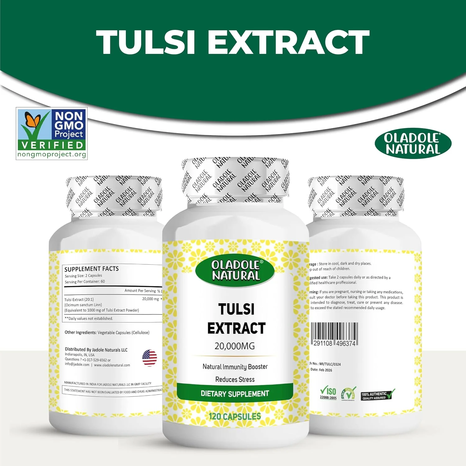 عصاره طبیعی تولسی اولادل - 20000 میلی گرم (120 کپسول) | بهبود سلامت پوست و مو، آنتی اکسیدان، ضد التهاب، درمان سرماخوردگی، سرفه، تقویت ایمنی، سلامت تنفسی | غیر GMO، بدون گلوتن