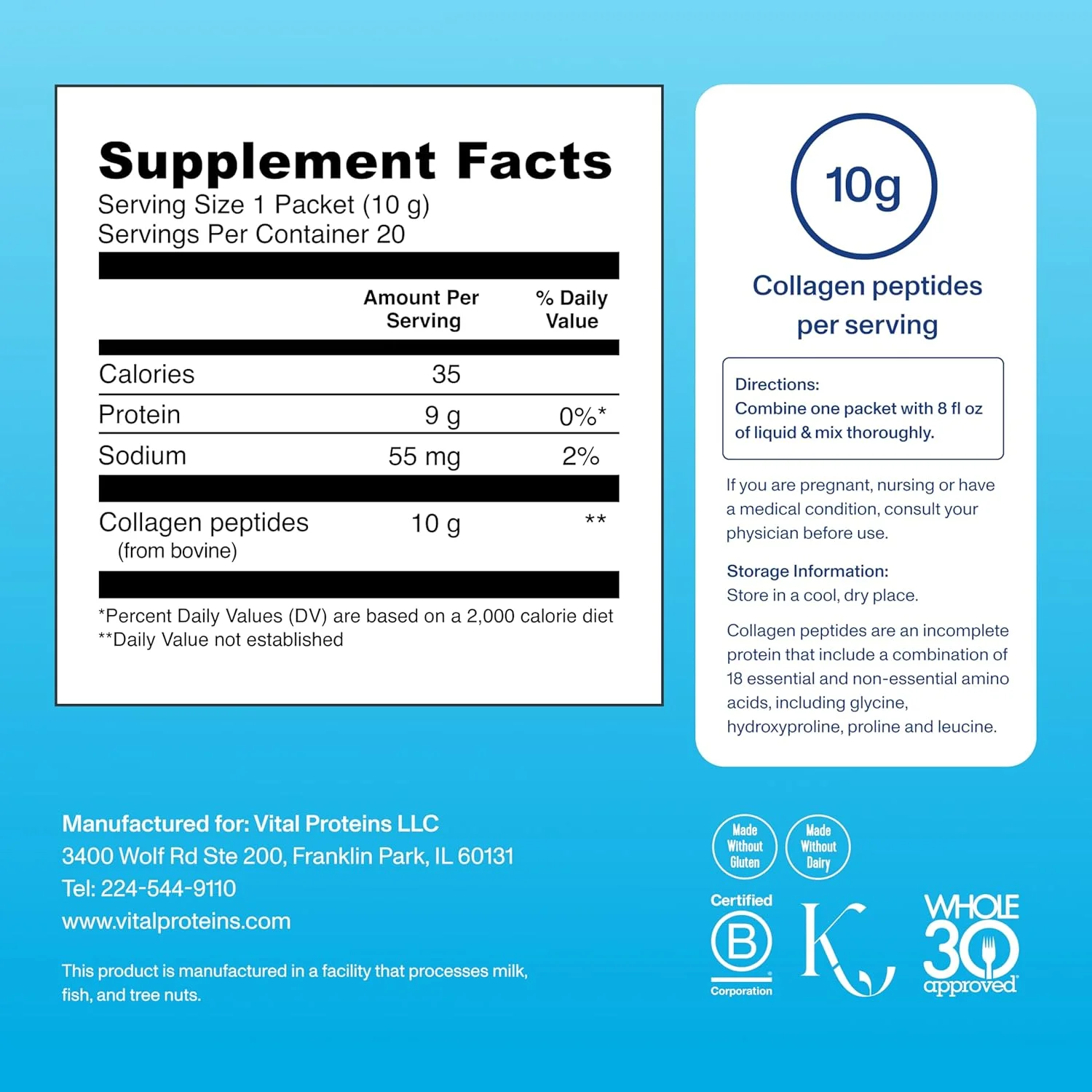 پودر پپتیدهای کلاژن هیدرولیز شده بدون لبنیات و گلوتن Vital Proteins، بستههای مسافرتی (نوع I، III، 20 عدد در هر جعبه) - 10 گرم در هر وعده پودر پپتیدهای کلاژن هیدرولیز شده بدون لبنیات و گلوتن Vital Proteins، بستههای مسافرتی (نوع I، III، 20 عدد در هر جعبه) - 10 گرم در هر وعده