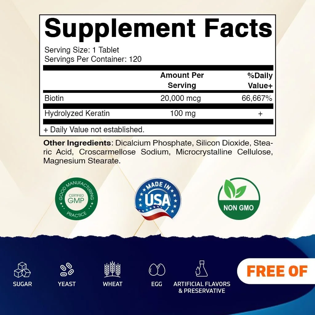 بیوتین با قدرت بالا 20000 میکروگرم (20 میلی گرم) ویتاماتیک به همراه 100 میلی گرم کراتین - 120 قرص گیاهی - مکمل های بیوتین برای سلامت مو، پوست و ناخن بزرگسالان