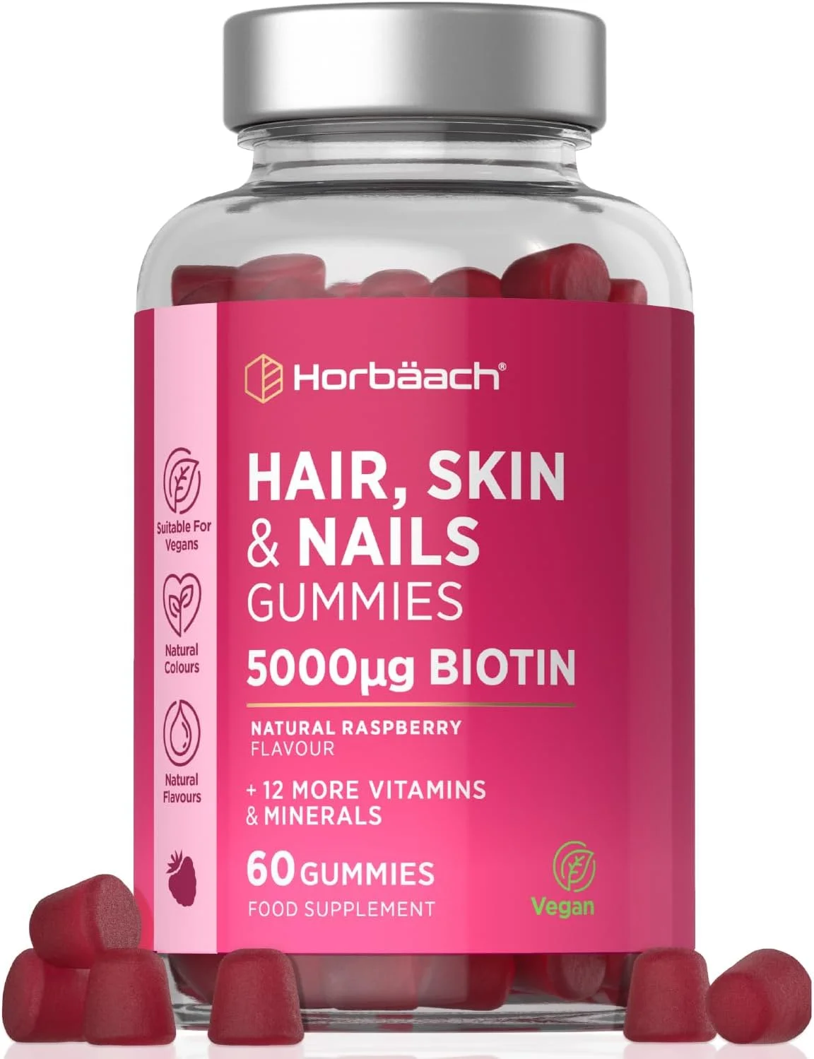 ویتامین های مو، پوست و ناخن | 5000 میکروگرم بیوتین | ویتامین های رشد مو | با روی، ویتامین C، E و موارد دیگر! 60 پاستیل گیاهی | مکمل برای زنان و مردان | توسط Horbaach ویتامین های مو، پوست و ناخن | 5000 میکروگرم بیوتین | ویتامین های رشد مو | با روی، ویتامین C، E و موارد دیگر! 60 پاستیل گیاهی | مکمل برای زنان و مردان | توسط Horbaach