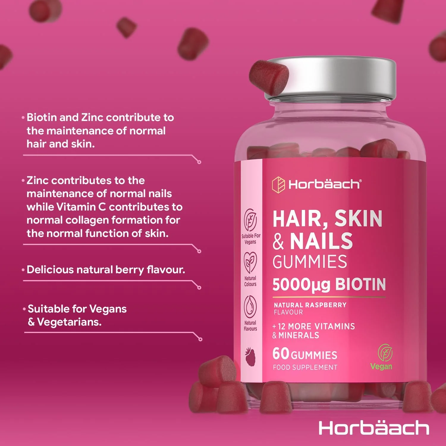 ویتامین های مو، پوست و ناخن | 5000 میکروگرم بیوتین | ویتامین های رشد مو | با روی، ویتامین C، E و موارد دیگر! 60 پاستیل گیاهی | مکمل برای زنان و مردان | توسط Horbaach ویتامین های مو، پوست و ناخن | 5000 میکروگرم بیوتین | ویتامین های رشد مو | با روی، ویتامین C، E و موارد دیگر! 60 پاستیل گیاهی | مکمل برای زنان و مردان | توسط Horbaach