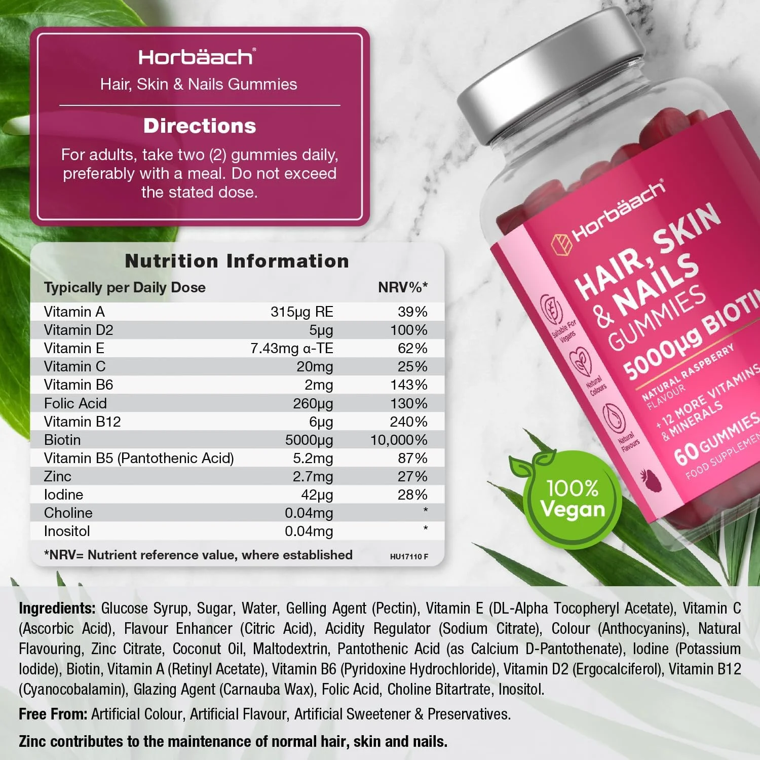 ویتامین های مو، پوست و ناخن | 5000 میکروگرم بیوتین | ویتامین های رشد مو | با روی، ویتامین C، E و موارد دیگر! 60 پاستیل گیاهی | مکمل برای زنان و مردان | توسط Horbaach ویتامین های مو، پوست و ناخن | 5000 میکروگرم بیوتین | ویتامین های رشد مو | با روی، ویتامین C، E و موارد دیگر! 60 پاستیل گیاهی | مکمل برای زنان و مردان | توسط Horbaach