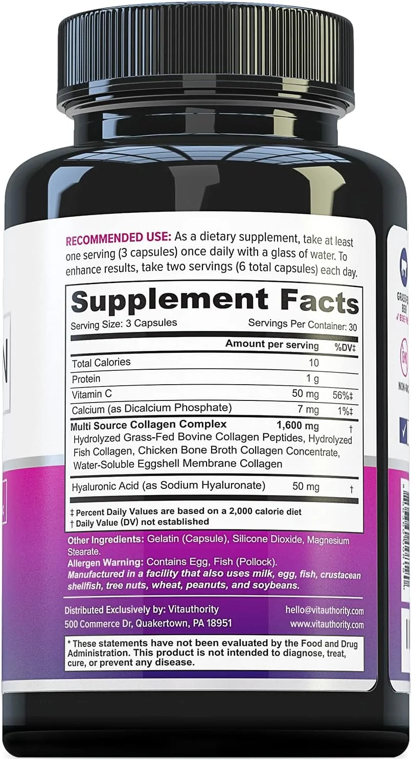 کپسول های کلاژن چندگانه ویت آتوریتی برای زنان و مردان، پپتیدهای کلاژن هیدرولیز شده با جذب بالا برای مو، پوست و ناخن با انواع I II III V X، اسید هیالورونیک و ویتامین C - 30 سروینگ کپسول های کلاژن چندگانه ویت آتوریتی برای زنان و مردان، پپتیدهای کلاژن هیدرولیز شده با جذب بالا برای مو، پوست و ناخن با انواع I II III V X، اسید هیالورونیک و ویتامین C - 30 سروینگ