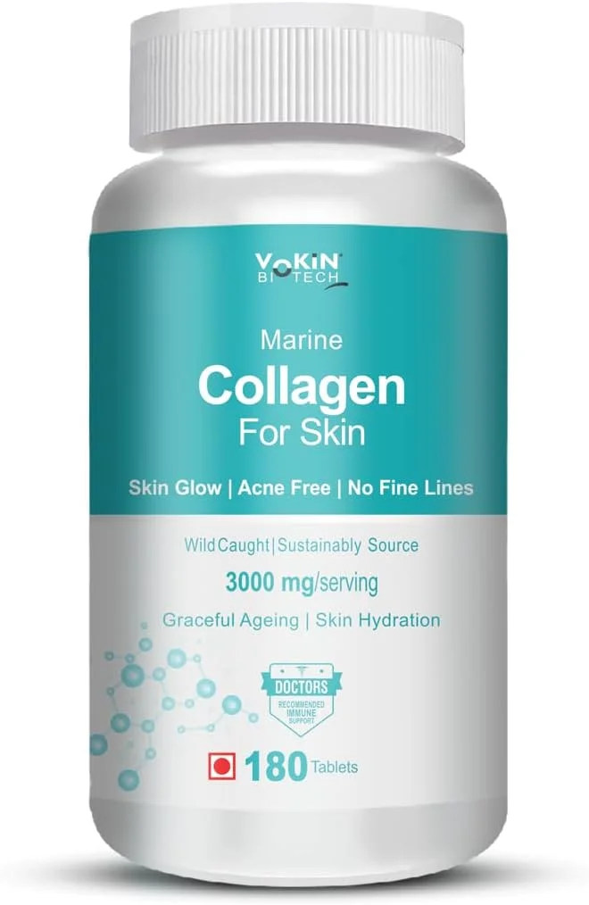 کلاژن دریایی 3000 میلی گرمی Vokin Biotech با بیوتین و ویتامین C برای پوست، مو و ناخن (180 قرص)