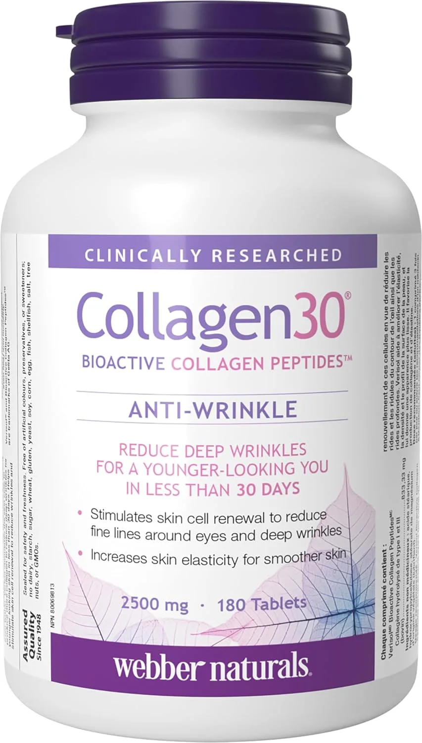 قرص های پپتید کلاژن فعال زیستی Webber Naturals Collagen30 (انواع I، III)، از نظر بالینی تحقیق شده، 2500 میلی گرم در هر وعده، 180 قرص، پوست و ناخن سالم، غیر GMO، بدون لبنیات و گلوتن