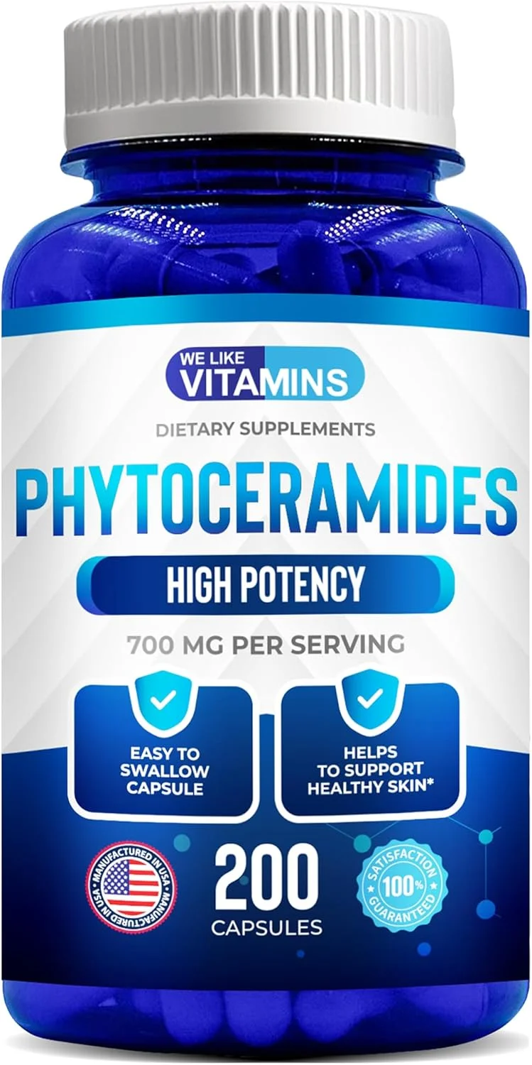 مکمل فیتوسرامیدز 700 میلی گرمی We Like Vitamins - 200 کپسول، کاملا طبیعی، بدون گندم و گیاهی - مکمل فیتوسرامید - 700 میلی گرم در هر وعده - آبرسانی، ترمیم و جوانسازی پوست.