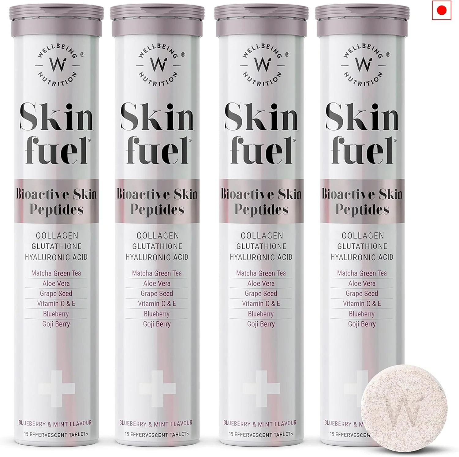 مکمل غذایی پوست Wellbeing Nutrition | کلاژن ساز، ال-گلوتاتیون، اسید هیالورونیک، چای سبز ماچا، آلوئه ورا، دانه انگور، ویتامین ای | درخشندگی، کشسانی و طراوت پوست برای آقایان و بانوان - 60 قرص جوشان