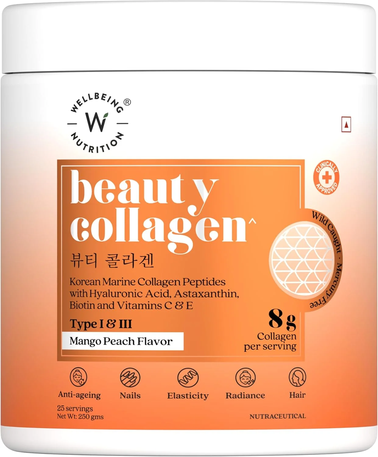 پپتیدهای کلاژن دریایی کره ای Wellbeing Nutrition Beauty با اسید هیالورونیک، گل رز، آستاگزانتین، بیوتین و ویتامین های C و E برای مو، ناخن، درخشندگی پوست و ضد پیری | طعم انبه هلو - 250 گرم