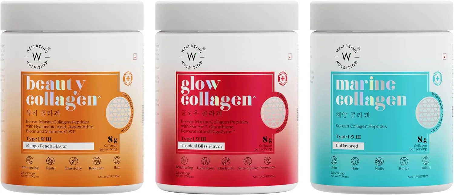 کیت کامل زیبایی و سلامتی Wellbeing Nutrition | پودرهای کلاژن دریایی خالص به همراه SkinAxA²، بیوتین، گلوتاتیون، اسید هیالورونیک برای تجدید پوست، مو، ناخن، استخوان و مفاصل (700 گرم)