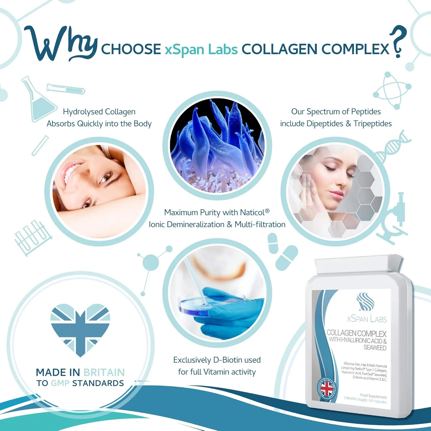 کپسول کمپلکس کلاژن Xspan Labs با اسید هیالورونیک و جلبک دریایی - 60 عدد - فرمول پوست، مو و ناخن با بیوتین D، ویتامین E و C - کلاژن دریایی هیدرولیز شده Naticol® با قابلیت جذب بالا 500 میلی گرم کپسول کمپلکس کلاژن Xspan Labs با اسید هیالورونیک و جلبک دریایی - 60 عدد - فرمول پوست، مو و ناخن با بیوتین D، ویتامین E و C - کلاژن دریایی هیدرولیز شده Naticol® با قابلیت جذب بالا 500 میلی گرم