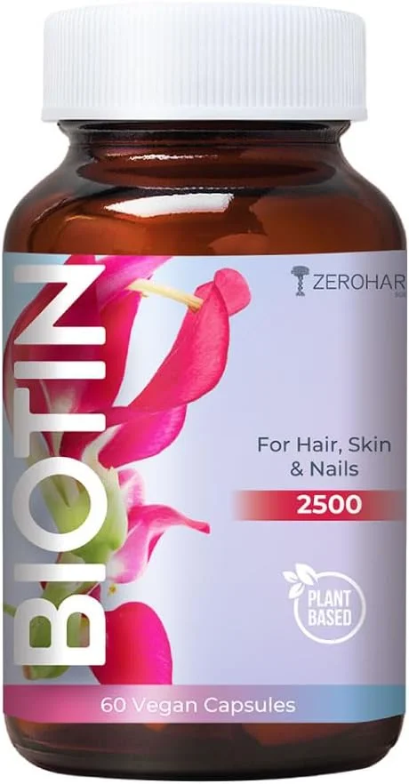 مکمل بیوتین 2500 میکروگرم ZEROHARM - ویتامین B7 گیاهی با فناوری نانو برای جذب بهتر - پشتیبانی از رشد مو، آبرسانی پوست و استحکام ناخن - برای آقایان و بانوان - 60 کپسول وگان