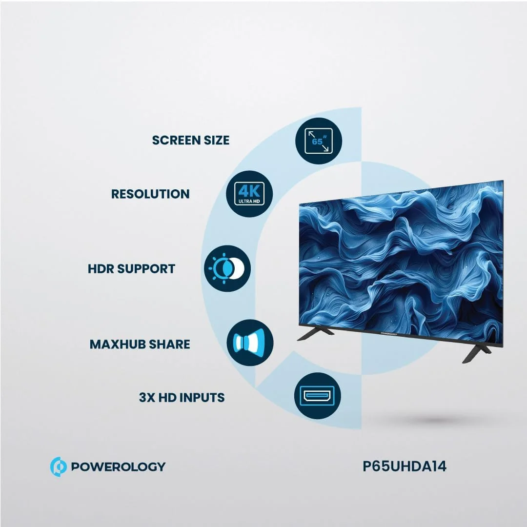 تلویزیون هوشمند 65 اینچی پاورولوژی 4K – Ultra HD با HDR و صفحه نمایش بدون حاشیه خیره کننده برای یک تجربه سینمایی واقعی. مجهز به اندروید 11 با پشتیبانی از HDMI، USB و زبان عربی/انگلیسی
