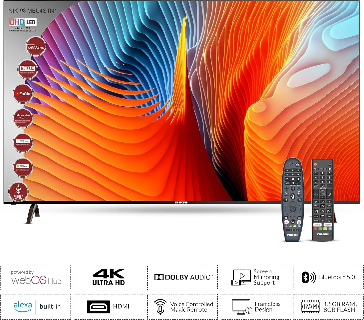 تلویزیون هوشمند 98 اینچ UHD LED نیکای سری پلاتینیوم با سیستم عامل WebOS، ریموت جادویی، طراحی صفحه نمایش سینمایی 4K Ultra HDR، صدای دالبی، کنترل صوتی هوشمند، برنامه های YouTube، Netflix، Shahid - NIK100MEU4STN